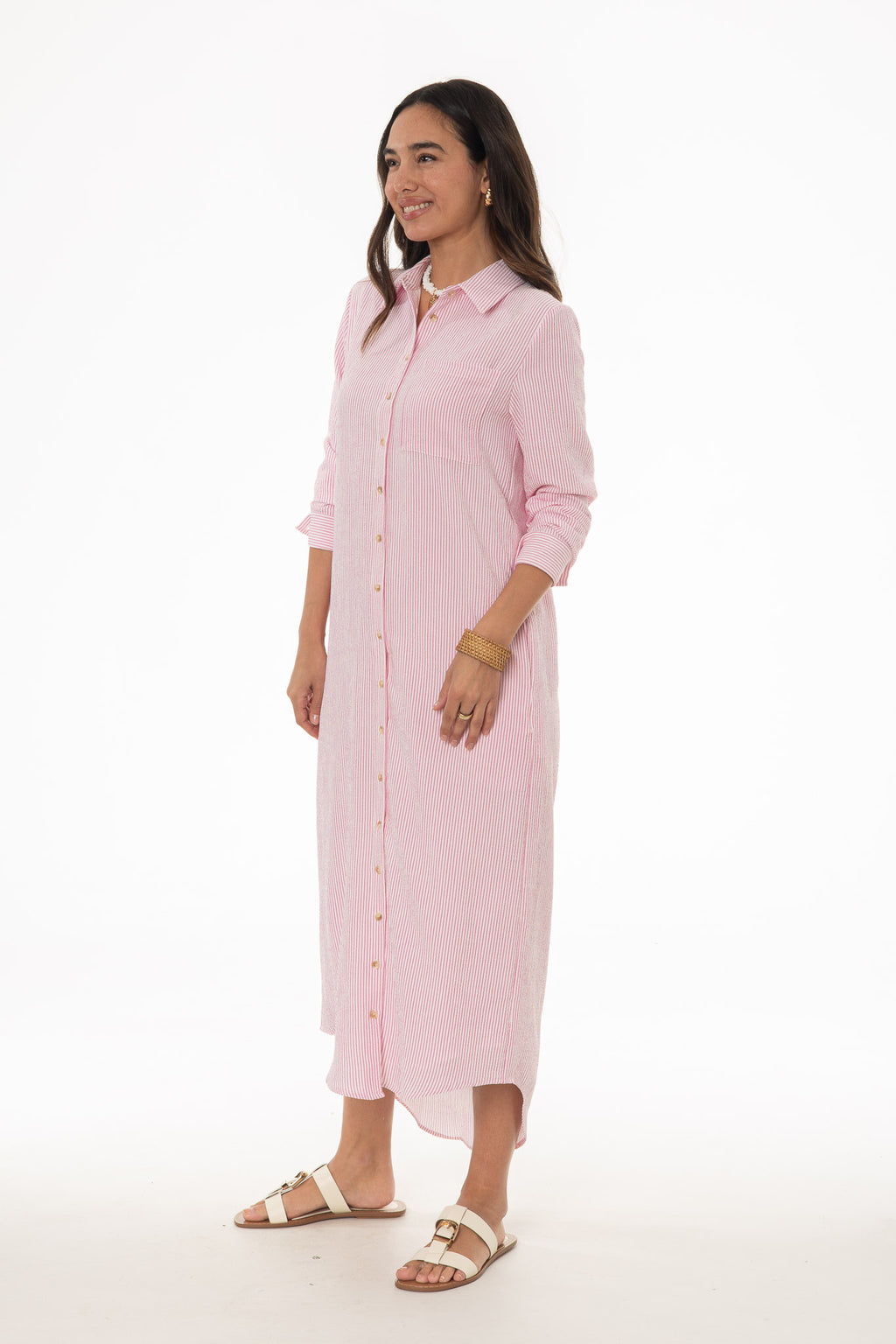 Pink Seersucker Striped Maxi Shirt Dress – BLANK