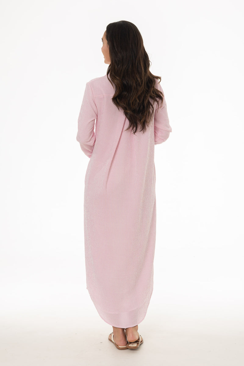 Pink Seersucker Striped Maxi Shirt Dress – BLANK