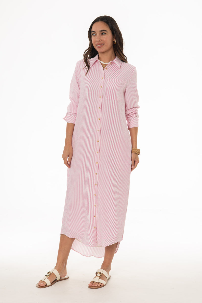Pink Seersucker Striped Maxi Shirt Dress – BLANK
