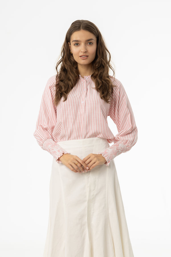 Pink Striped Smocked Raglan Sleeve Shirt
