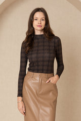 Brown Plaid Mock Neck Top