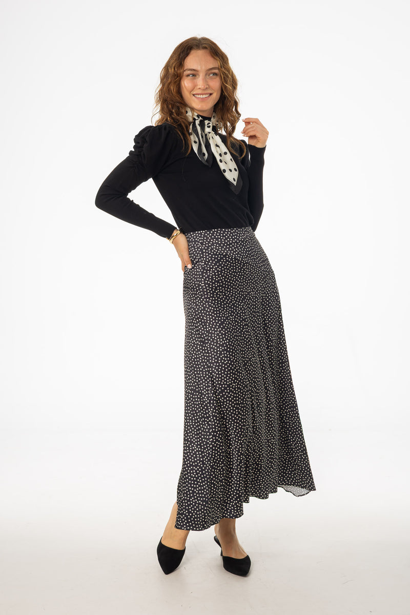 Black Polka Dot Asymmetrical Flare Skirt