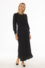 Black Polka Dot Printed Waisted Maxi Dress
