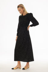 Black Polka Dot Printed Waisted Maxi Dress