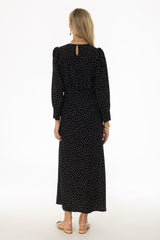 Black Polka Dot Printed Waisted Maxi Dress