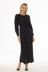 Black Polka Dot Printed Waisted Maxi Dress