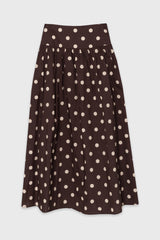 Brown Polka Dot Printed Waisted Maxi Skirt