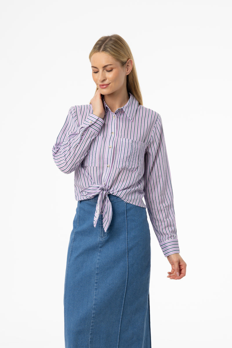 Purple Multi Striped Tie Blouse