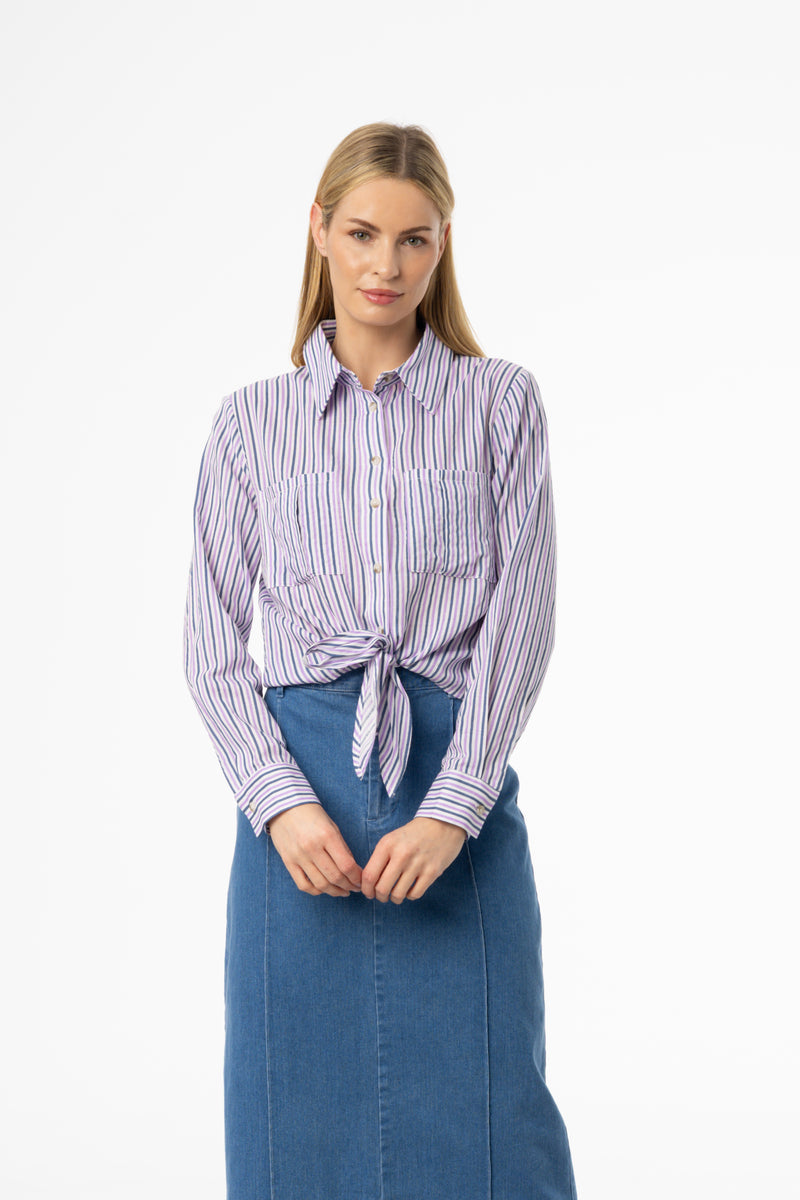 Purple Multi Striped Tie Blouse