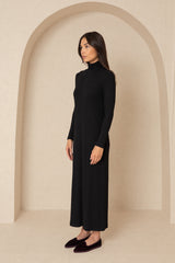 Black Ribbed Knit Turtleneck Maxi Dress