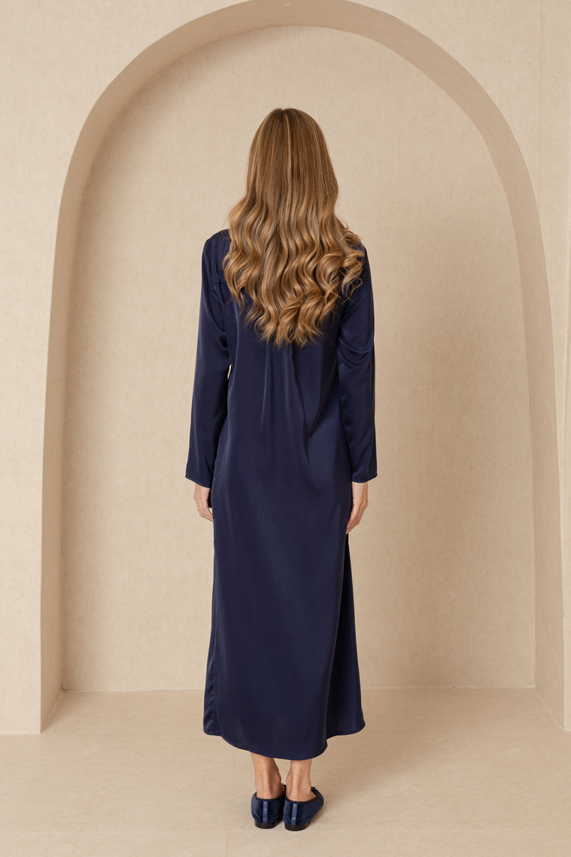 Navy Front Ruffle Silk Maxi