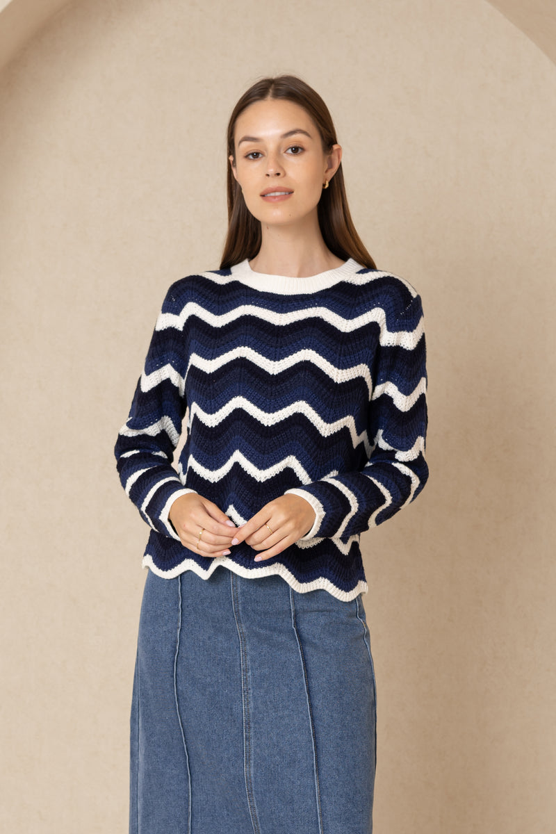 Blue Scalloped Knit Sweater