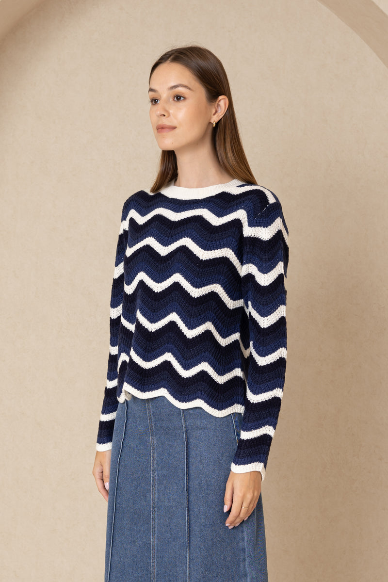 Blue Scalloped Knit Sweater