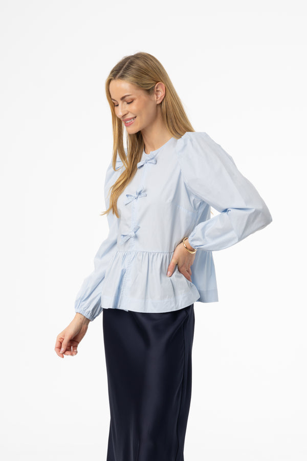 Sky Blue Cotton Bow Blouse