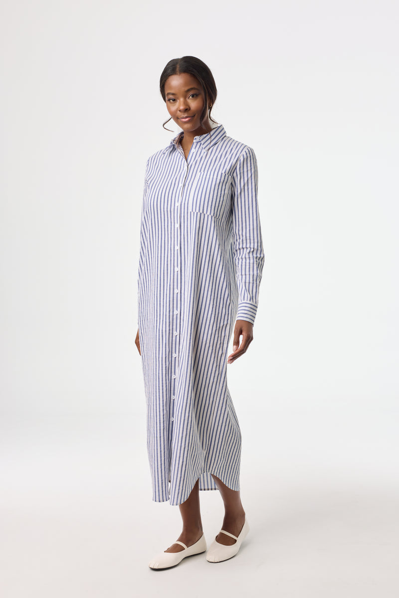 Blue Striped Stretch Maxi Shirt Dress