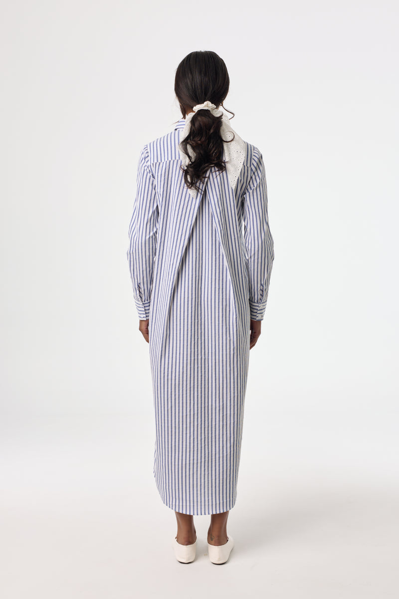 Blue Striped Stretch Maxi Shirt Dress