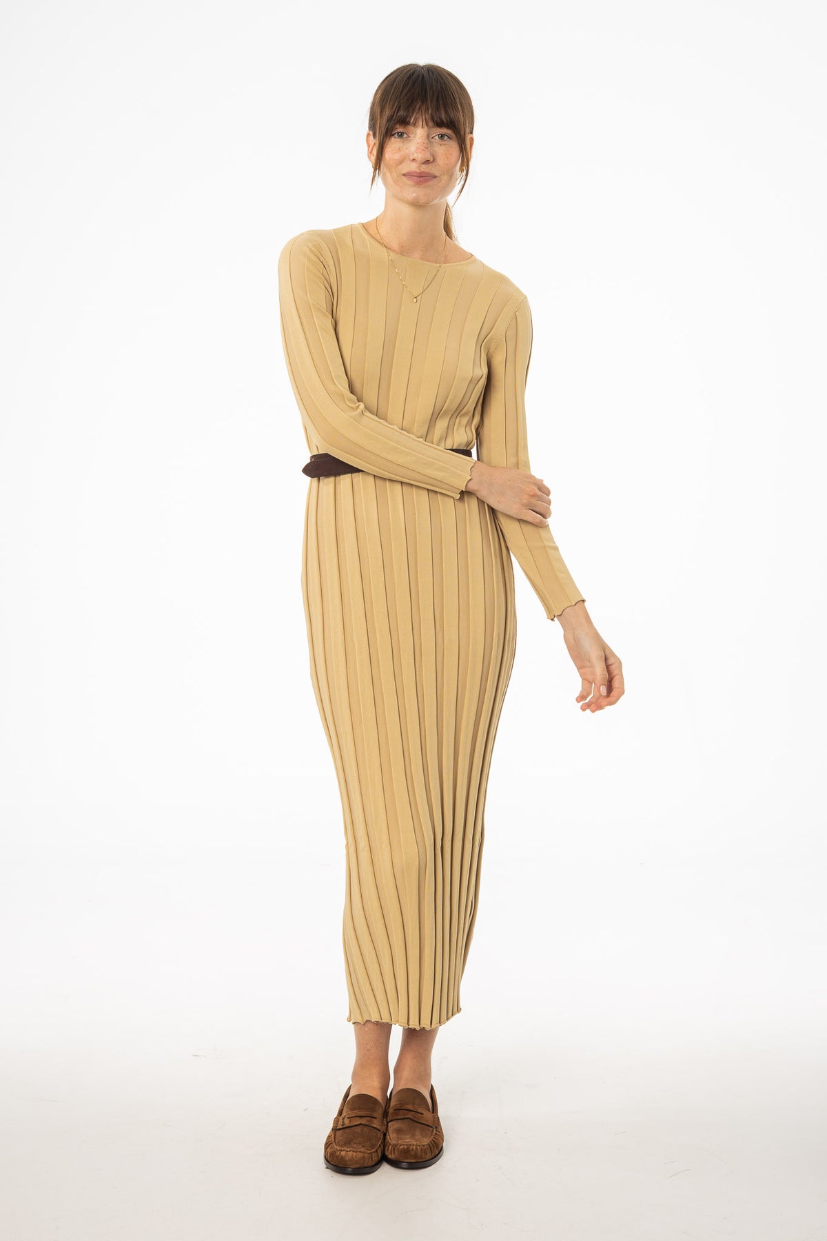 tan dress long sleeve Otis Off-Shoulder Maxi Dress in Viscose Knit