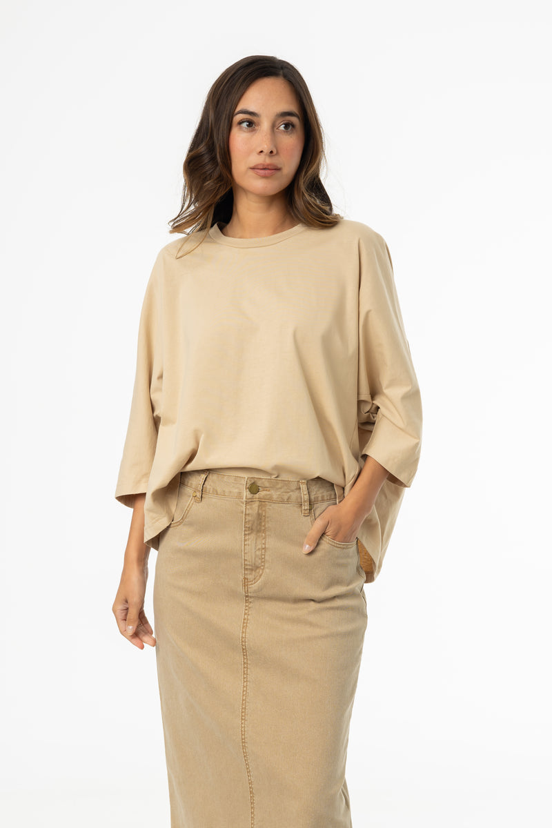 Tan Oversized Dolman 3/4 Sleeve T-Shirt