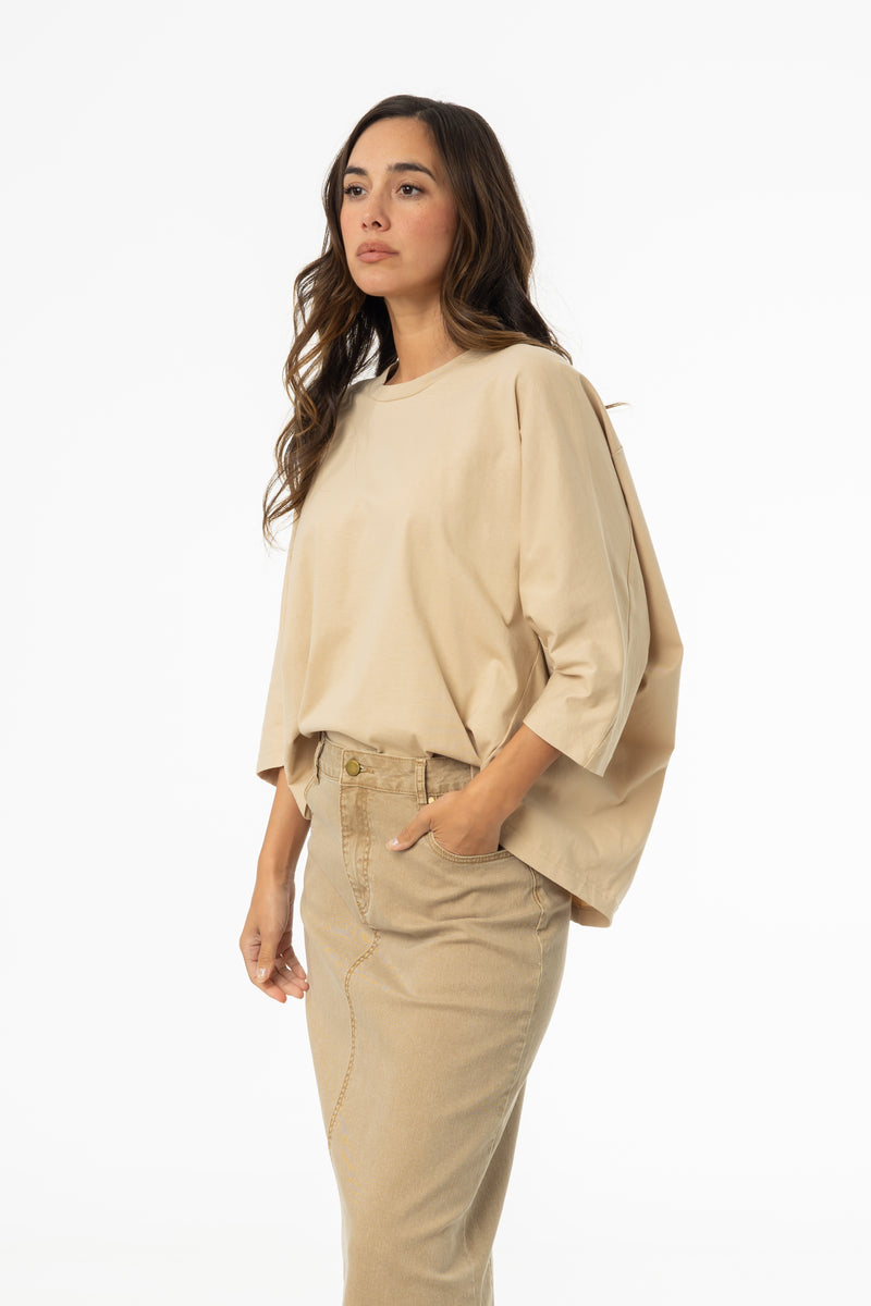 Tan Oversized Dolman 3/4 Sleeve T-Shirt