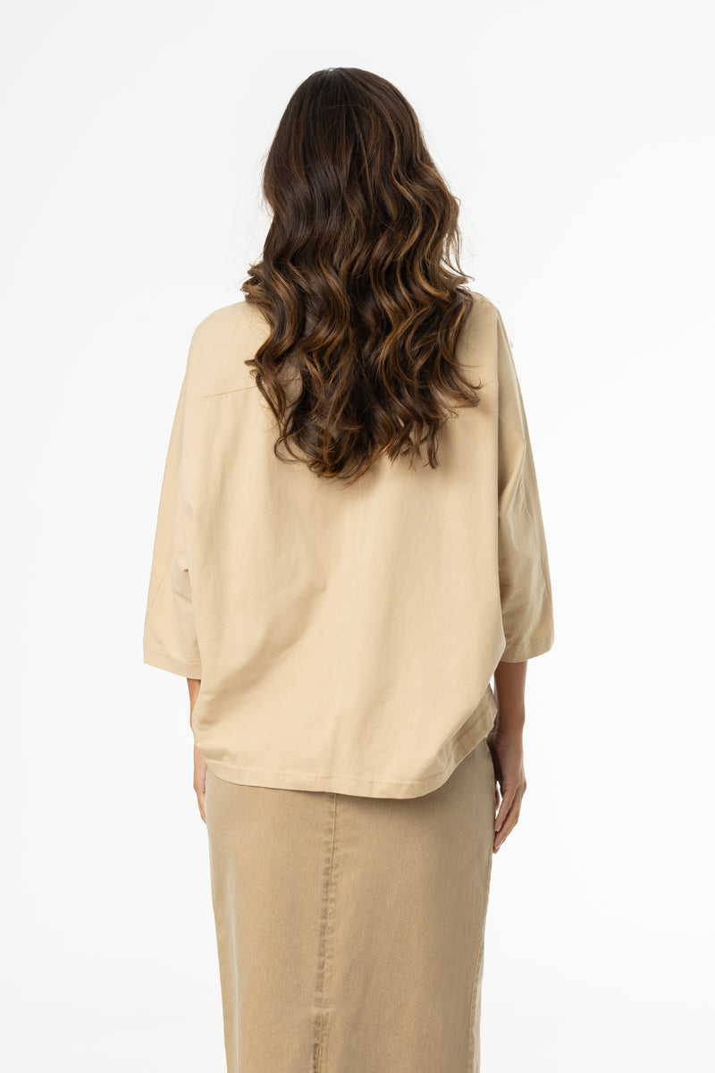 Tan Oversized Dolman 3/4 Sleeve T-Shirt