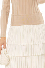 Tan Accordion Pleat Ruffle Maxi Skirt