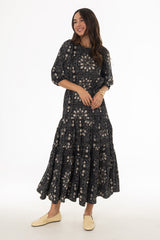 Tan And Black 3/4 Sleeve Waisted Tiered Maxi Dress