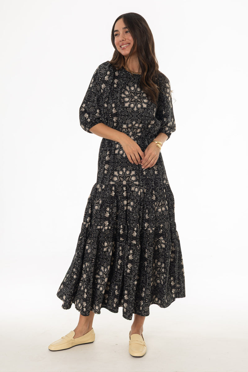 Tan And Black 3/4 Sleeve Waisted Tiered Maxi Dress – BLANK Tan And Black 3/4 Sleeve Waisted Tiered Maxi Dress – BLANK