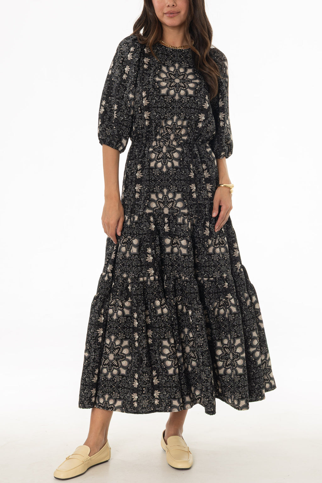 Tan And Black 3/4 Sleeve Waisted Tiered Maxi Dress BLANK Tan And Black 3/4 Sleeve Waisted Tiered Maxi Dress BLANK