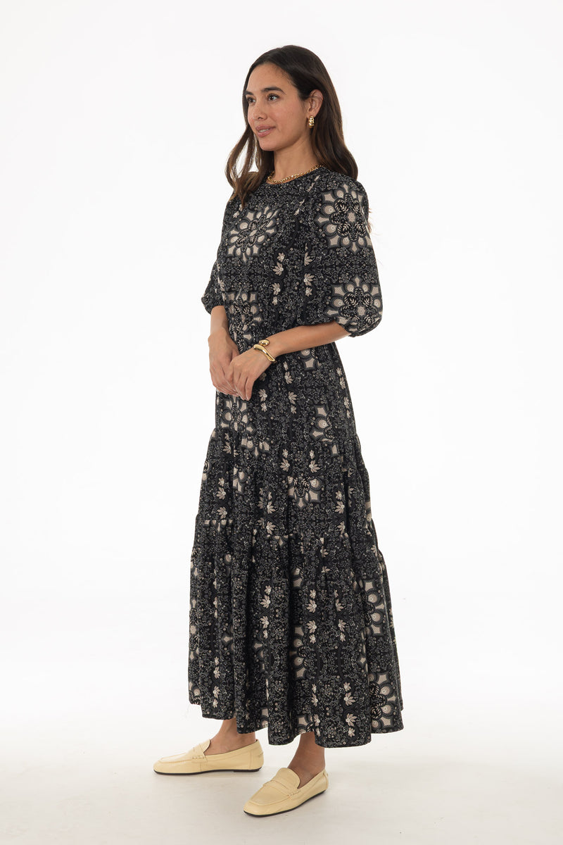 Tan And Black 3/4 Sleeve Waisted Tiered Maxi Dress – BLANK Tan And Black 3/4 Sleeve Waisted Tiered Maxi Dress – BLANK