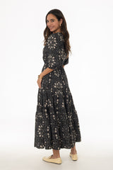 Tan And Black 3/4 Sleeve Waisted Tiered Maxi Dress