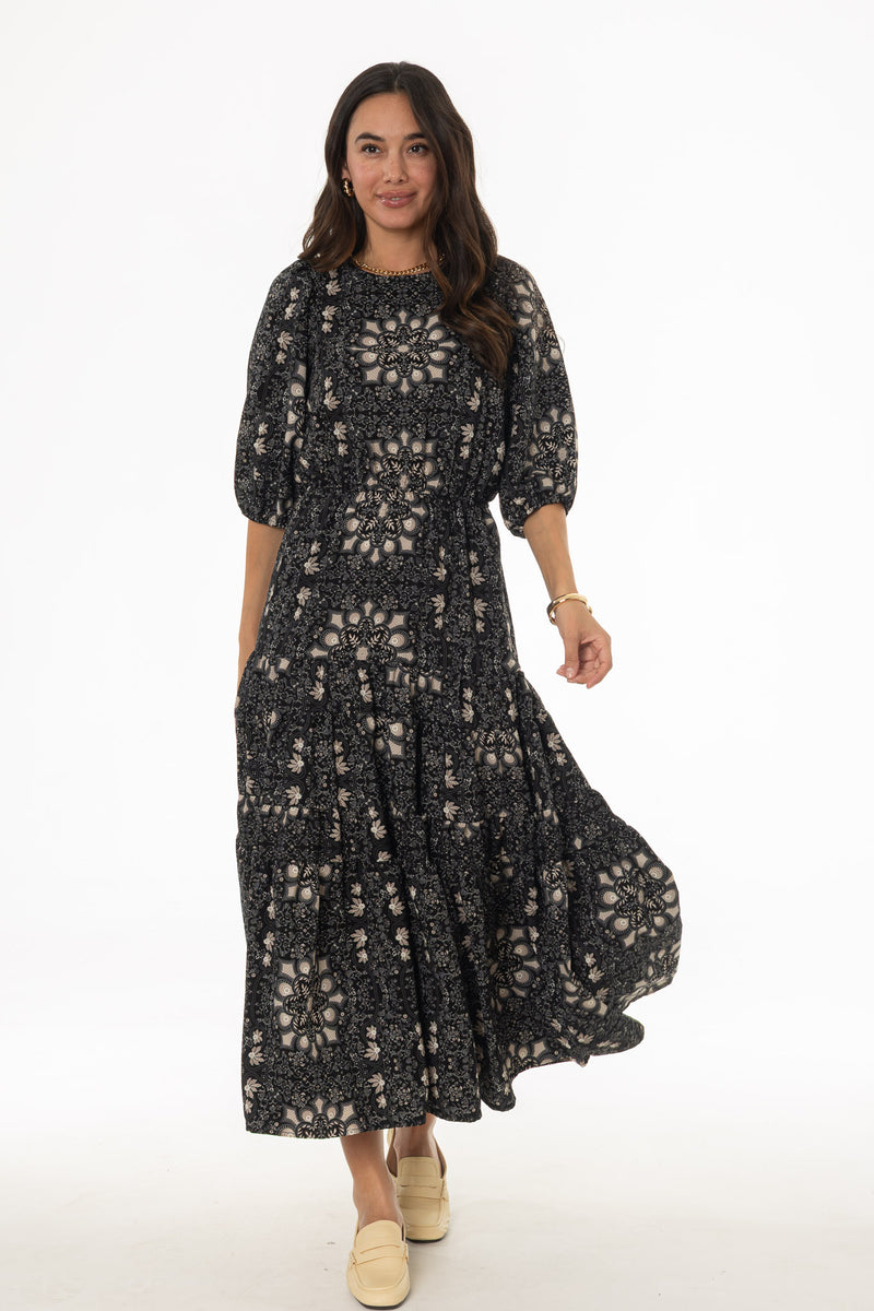 black tan dress Tan And Black 3/4 Sleeve Waisted Tiered Maxi Dress – BLANK
