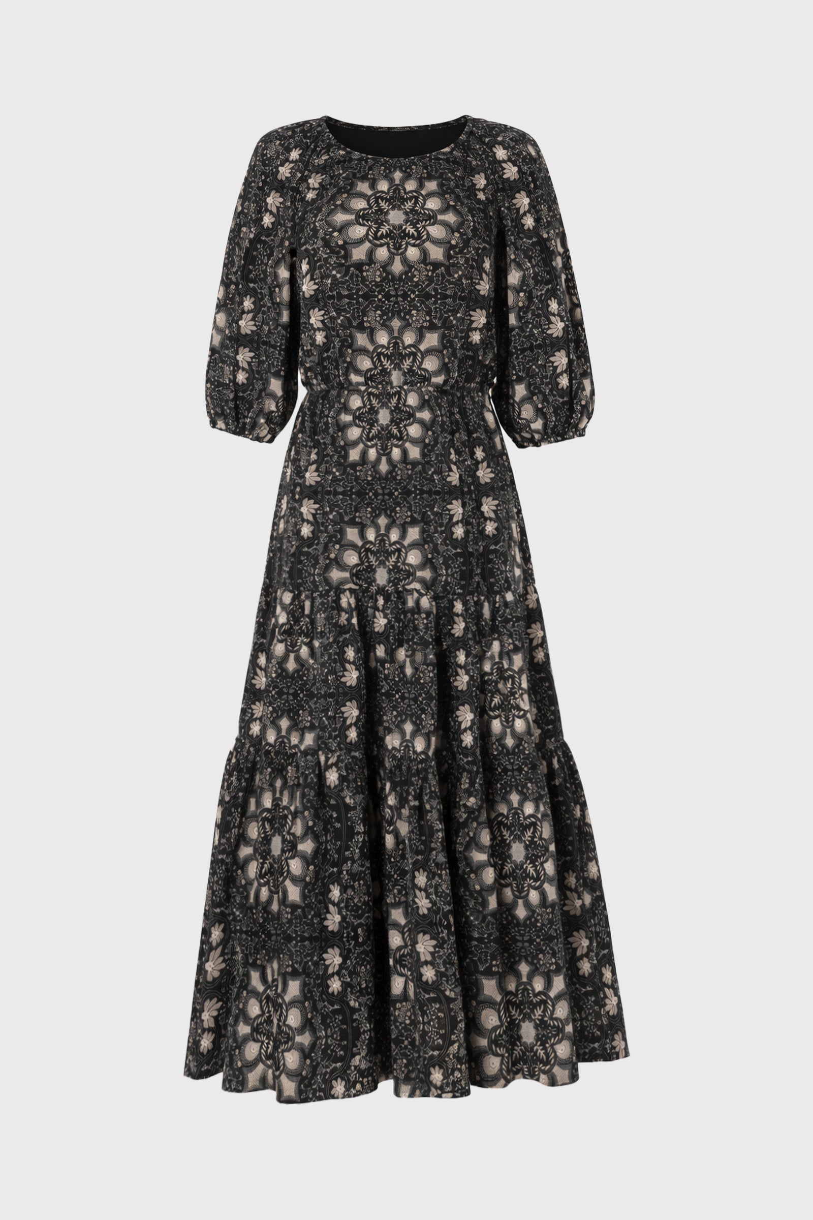 black tan dress Tan And Black 3/4 Sleeve Waisted Tiered Maxi Dress – BLANK