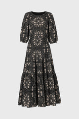 Tan And Black 3/4 Sleeve Waisted Tiered Maxi Dress