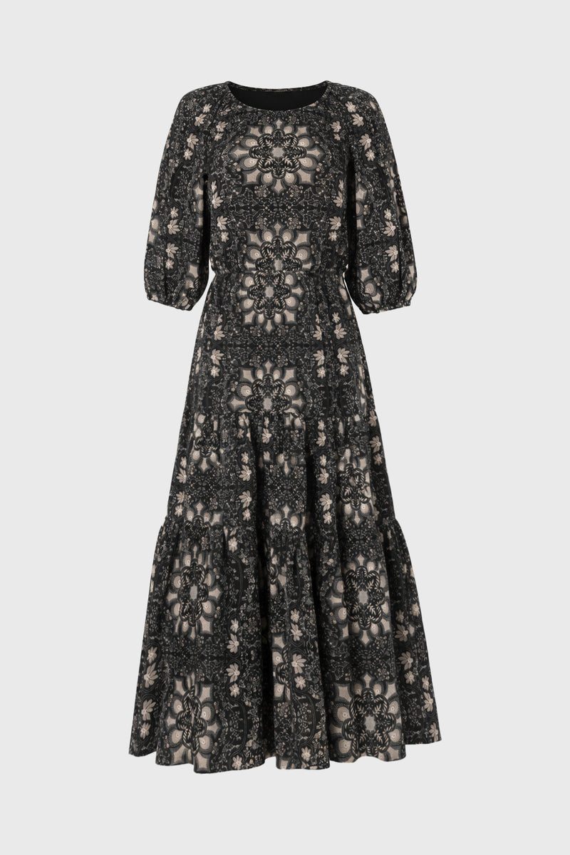 black tan lace dress Tan And Black 3/4 Sleeve Waisted Tiered Maxi Dress – BLANK