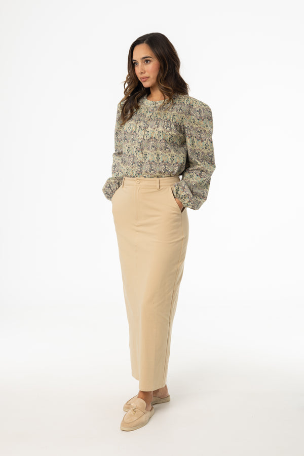 Tan Stretch Cotton Maxi Skirt