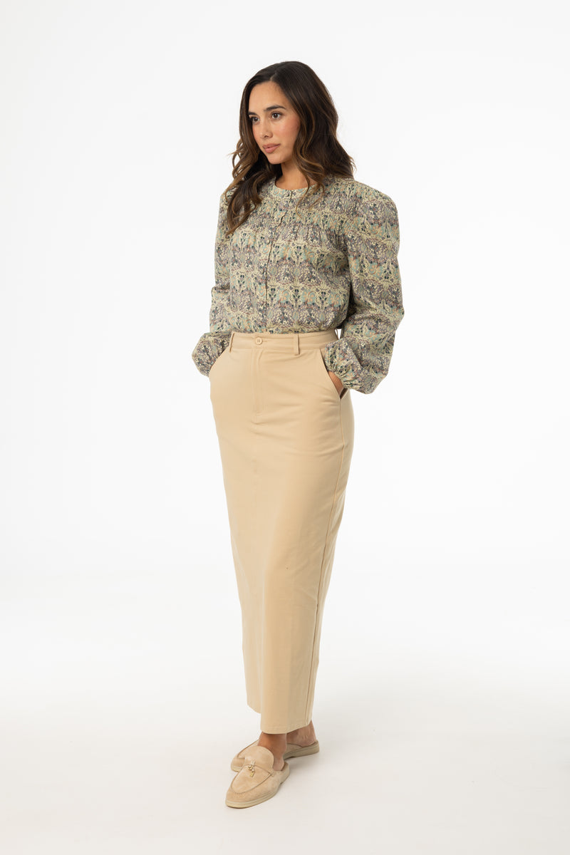 Tan Stretch Cotton Maxi Skirt