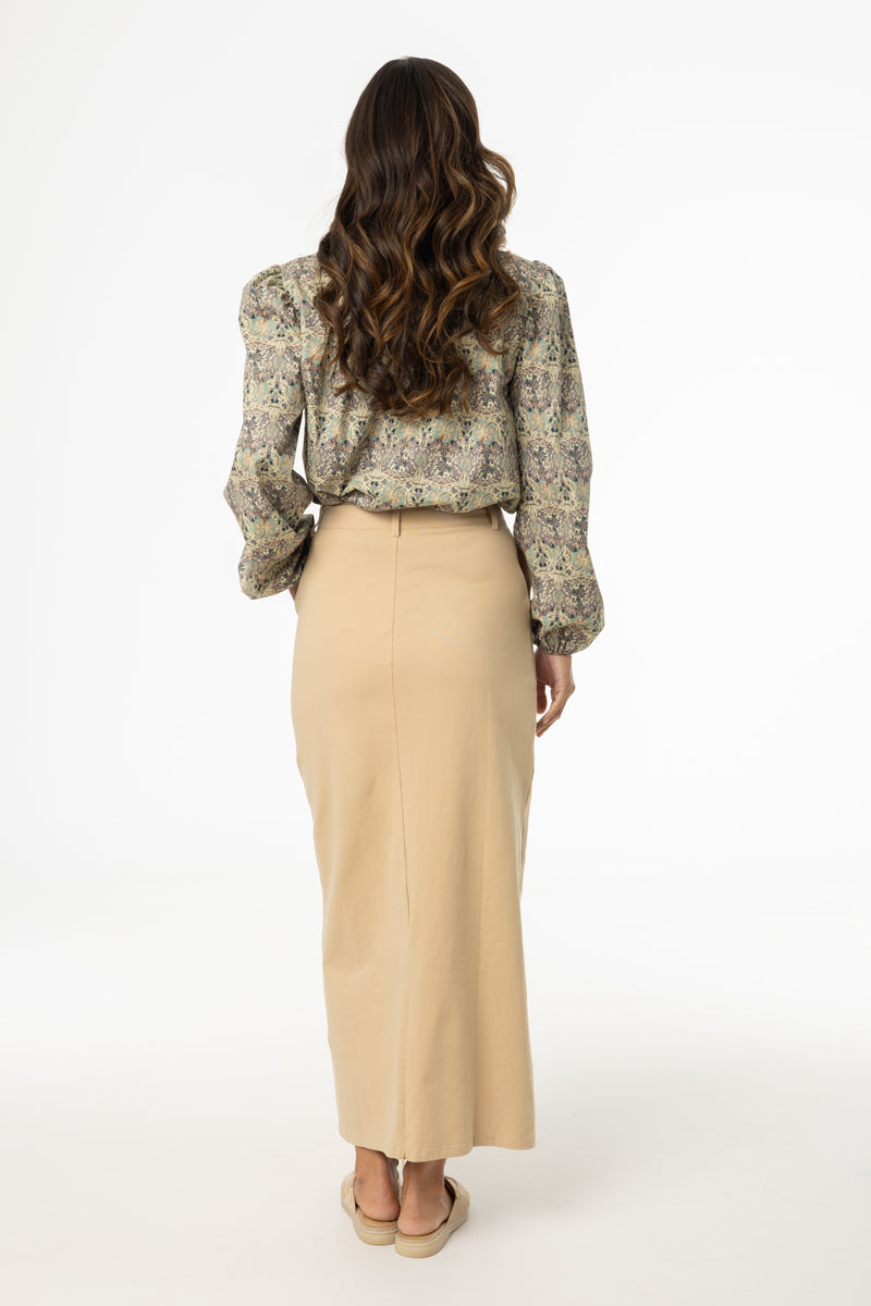 Tan Stretch Cotton Maxi Skirt