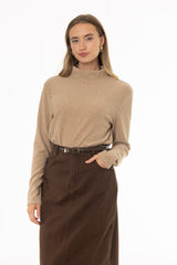 Tan Corduroy Boat Mock Neck Top