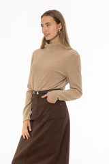 Tan Corduroy Boat Mock Neck Top