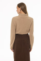 Tan Corduroy Boat Mock Neck Top