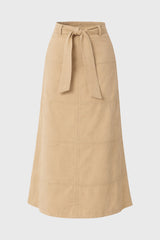 Tan Denim Belted A-Line Maxi Skirt