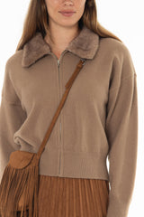 Tan Fur Collar Zipper Sweater