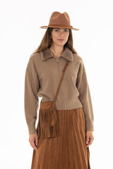 Tan Fur Collar Zipper Sweater