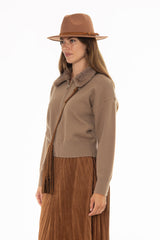 Tan Fur Collar Zipper Sweater