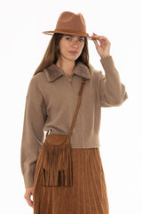 Tan Fur Collar Zipper Sweater
