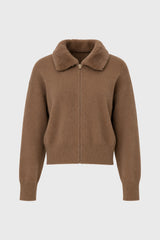 Tan Fur Collar Zipper Sweater