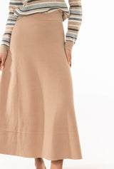 Tan Knit Flare Midi Skirt