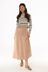 Tan Knit Flare Midi Skirt