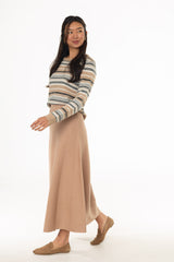 Tan Knit Flare Midi Skirt