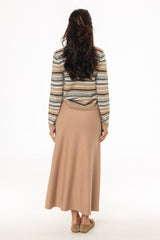 Tan Knit Flare Midi Skirt